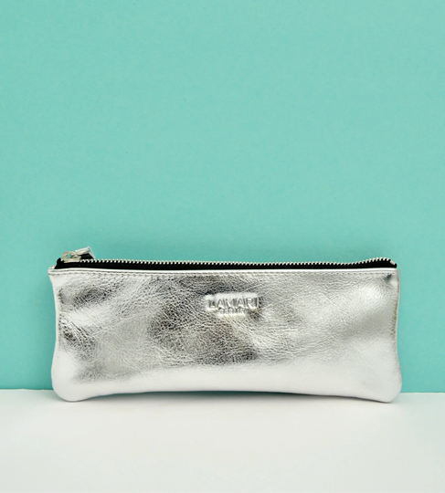 Leather Zip Pencil Case, Silver Case, Leather Pencil Case, Silver Case, June Silver