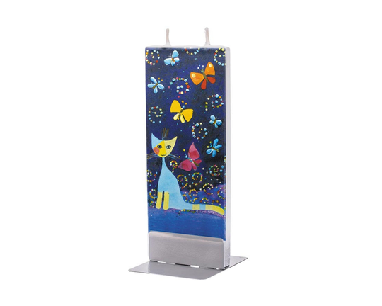 Hand Painted Flat Candle | Cat Between The Butterflies Small Unique Gift Colorful Fine Art Shelf Décor