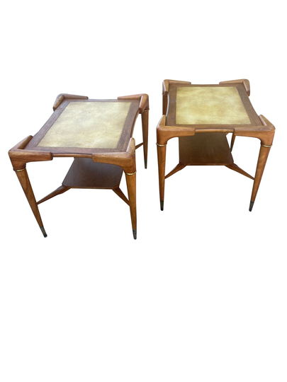 Unique Mcm Danish End Tables/Set Of 2 One Of A Kind Mid Century Modern Vintage Leather Inlay Tables