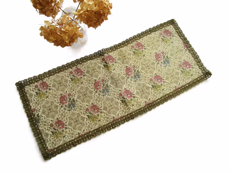 Large Antique French Doily Table Runner Tablecloth Gold Beige Ornate Floral Shabby Chick Bohemian Home Decor Vintage Boudoir Item Paris