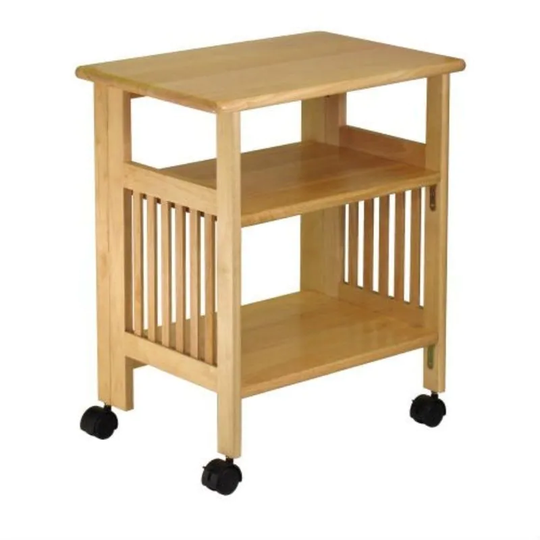 3-Shelf Folding Wood Printer Stand Cart in Natural with Lockable Casters - 16.2"D x 24"W x 27.2"H