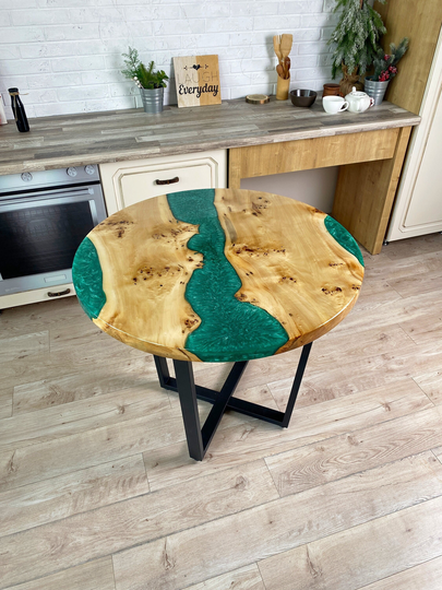 Emrald Epoxy River Table, Round Resin Table Top, Live Edge Dining Wood Walnut Coffee Table, End