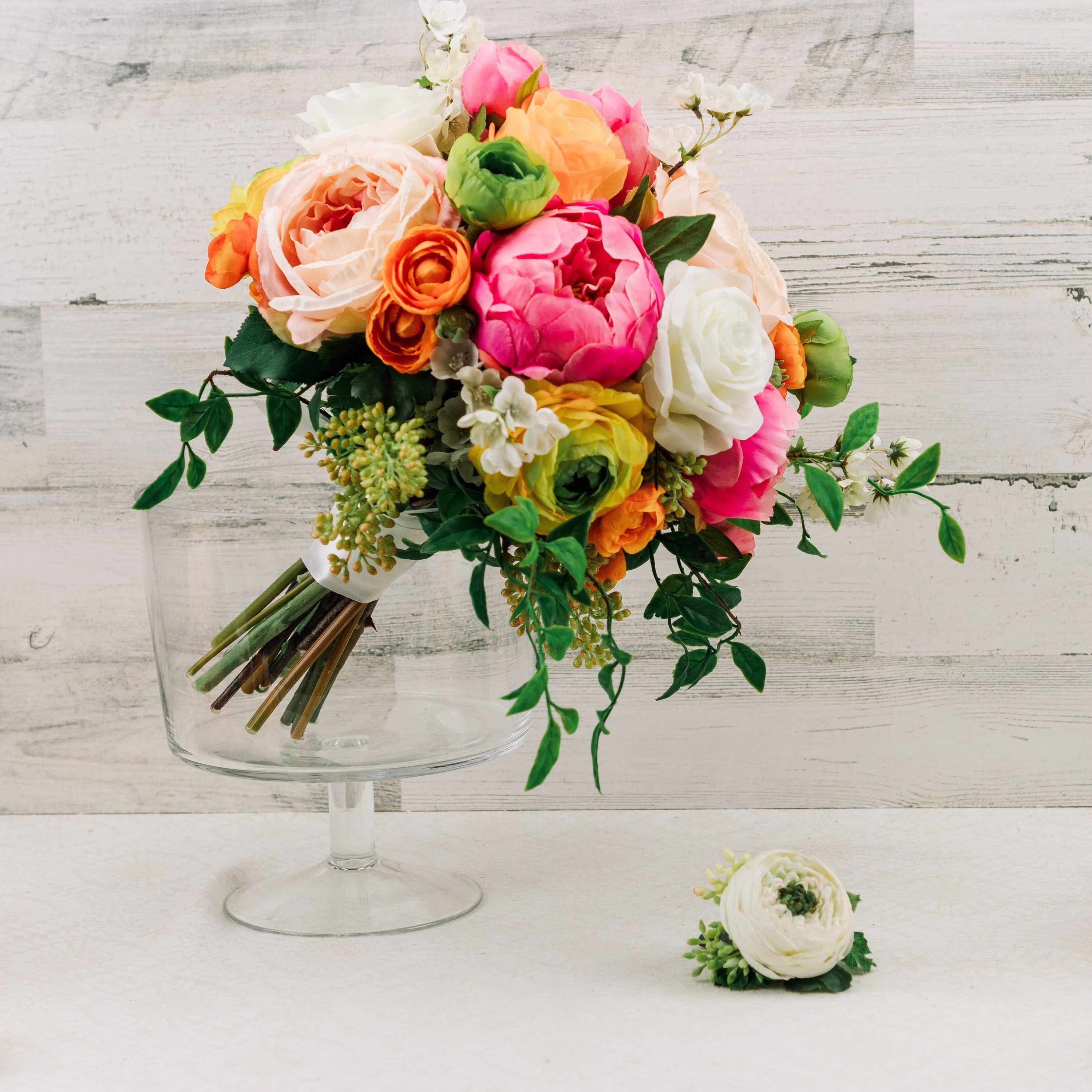 Bright Colorful Wedding Bouquet - Bridal Spring Pink Orange & Yellow Flowers Boutonniere Set