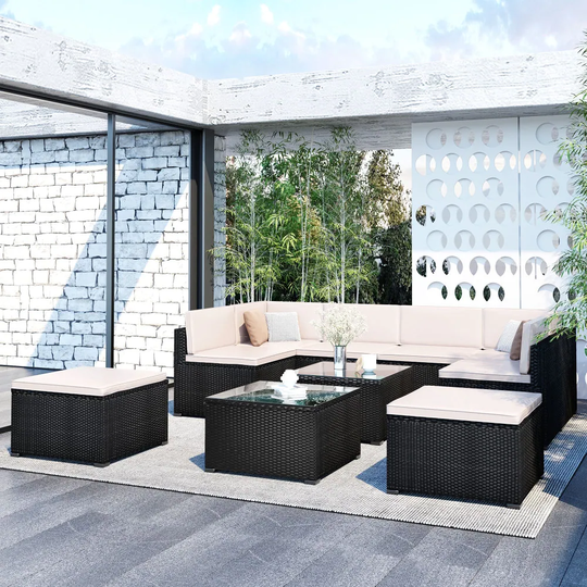 10-Piece Patio Rattan Sectional Corner Sofa Set with Cushion Beige
