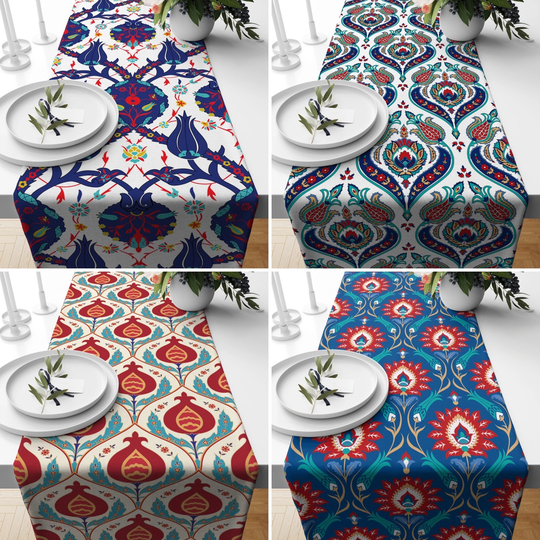 Blue & Red Tulip Pattern Table Runner, Turkish Ethnic Kitchen Runners, Tile Looking Tablecloth, Farmhouse Textile, Authentic Present