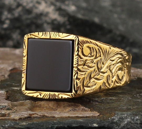Gold Plated Pencil Embroidered Art Leaf Pattern Handmade Mens Ring-Onyx Stone Ring-Jewelry Gift Men-Silver Rings For Men-Men Onyx Ring Gifts