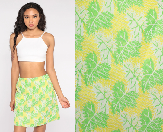 Leaf Print Skirt 60S 70S Yellow Mod Mini Pencil Green Floral High Waisted Pocket Hippie Boho Wiggle Retro 1960S Vintage Small S