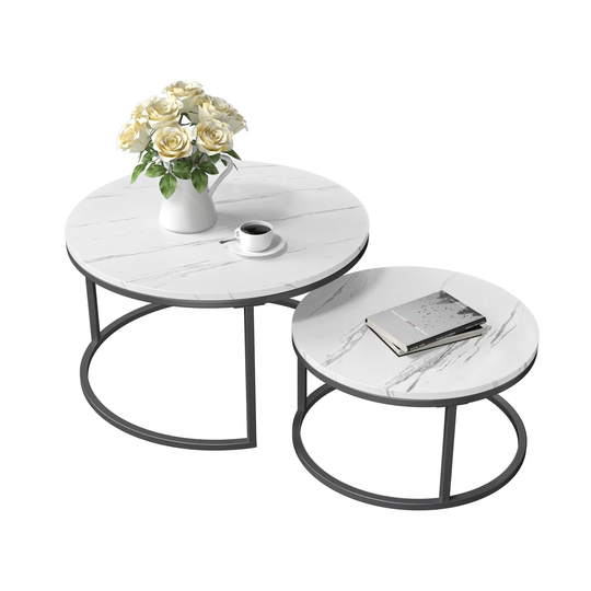 Round Nesting Coffee Table, Set of 2 Modern Coffee Table with Faux Marble Top, Black Metal Frame White Nesting Table