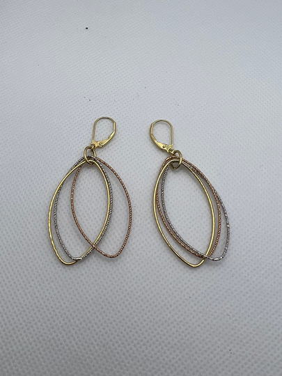 Tri Color Dangle Drop Hoop Diamond Cut Earrings 10K Gold
