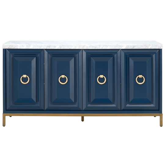 Wooden Sideboard with Two Double Door Storage Cabinets and Marble Top, Blue and White