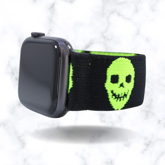 Elastic Watch Band For Apple - All Series | Models 1 8, Se, Ultra | Neon Green Skulls Black Dark