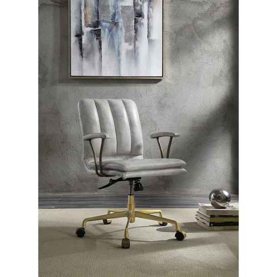 Vintage White Top Grain Leather & Gold Office Chair Accent Chair