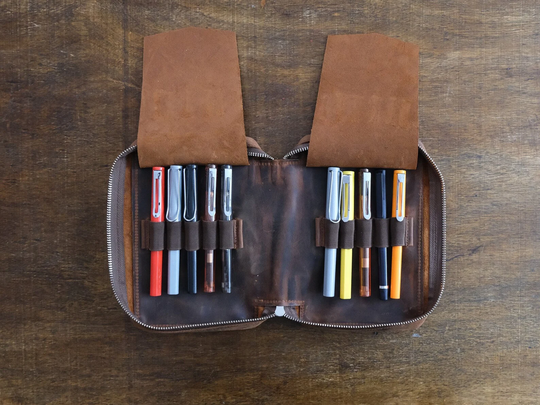 Genuine Leather Handmade 10-Slot Pen Case, Zippered Pencil Pouch, Fountain Tobacco