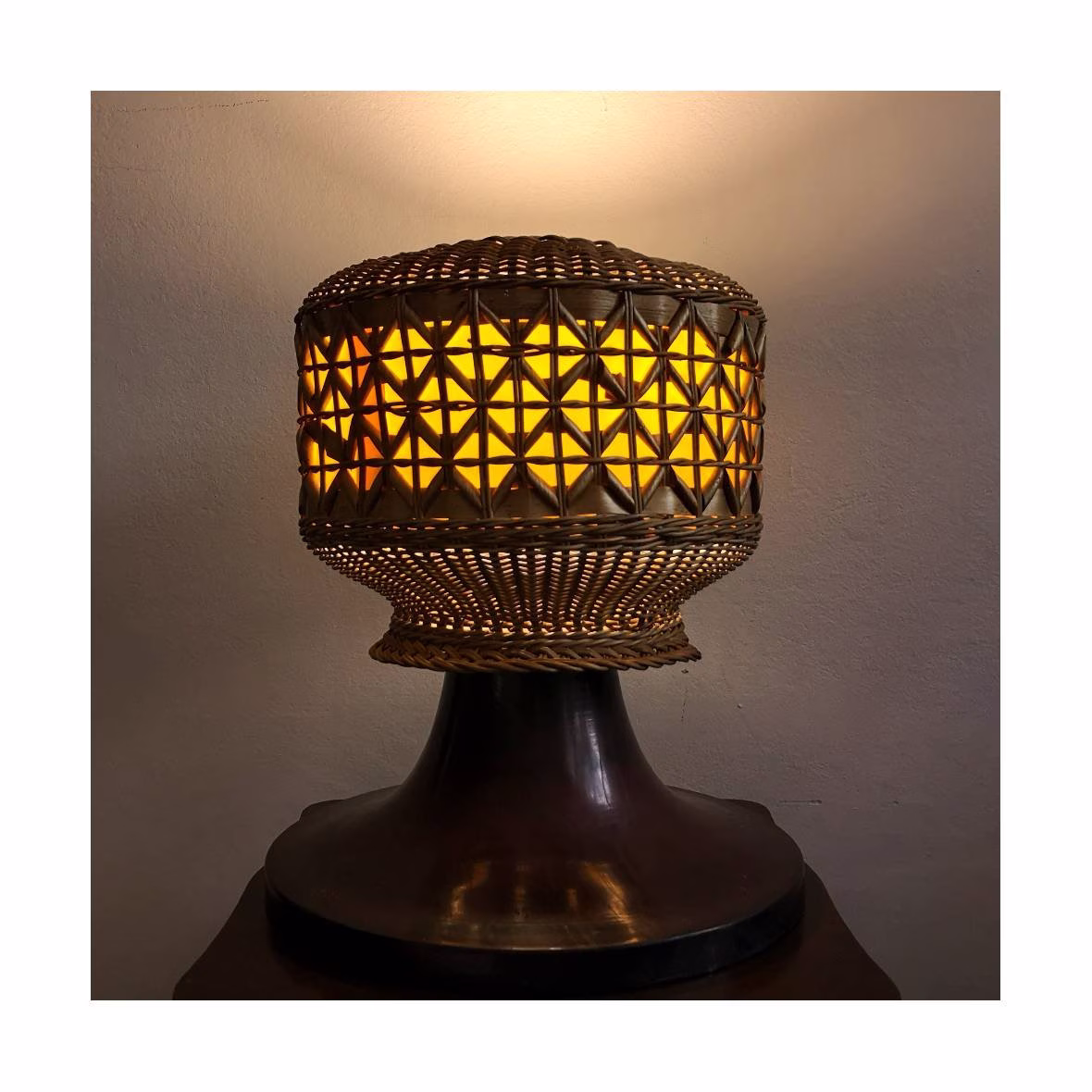 Yugoslav Brutalist Table Lamp in Copper Amd Rattan // Large Vintage Made Yugoslavia 1970S