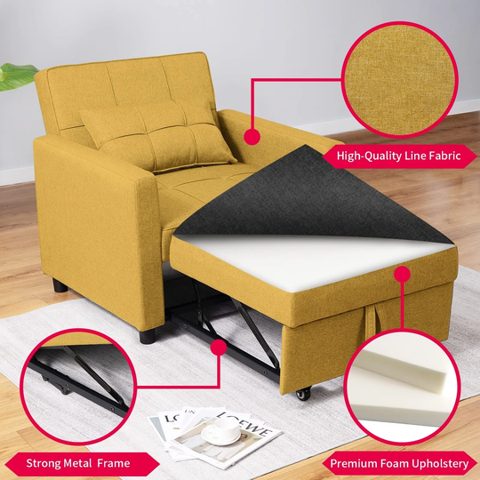 Mixoy Single Sleeper Chair, Multi-Functional Chair Bed, 3-in-1 Convertible Chair into Bed, Modern Linen Fabric Sofa Bed