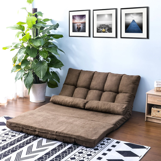 Double Chaise Lounge Sofa Floor Couch and Sofa with Two Pillows(Brown)