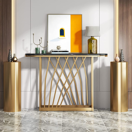 Luxurious Gold Console Table, Faux White Marble and Metal