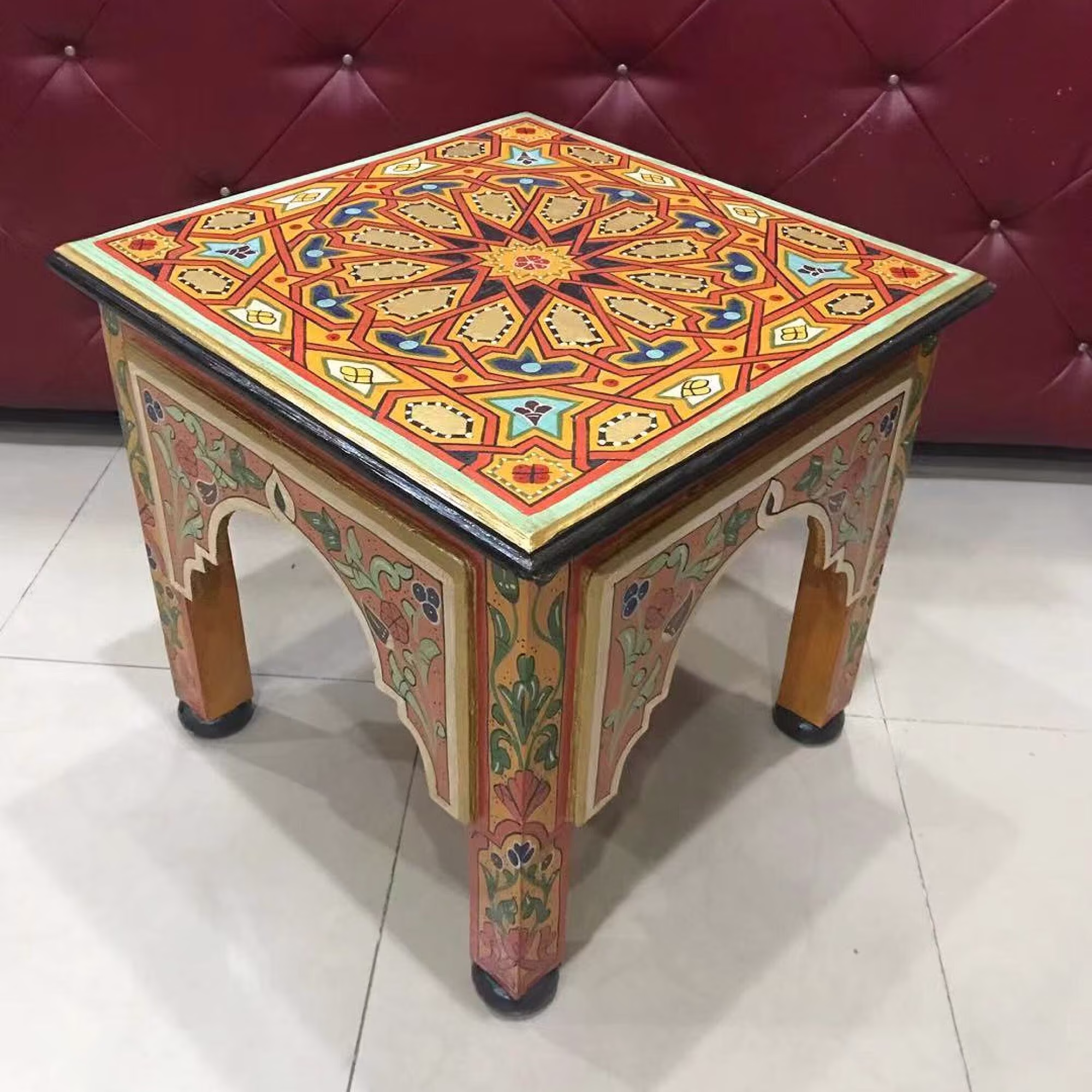 17'' Square Wooden Coffee Table, Moroccan French Handmade Wood Hand Painted Tea Table