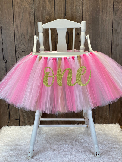 Pink & Gold High Chair Tutu, Girls 1st Birthday Highchair Banner, Smash Cake Party Decor, First Birthday, & White
