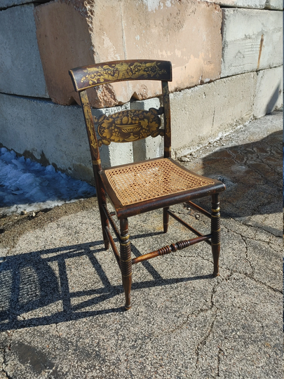 Antique Hitchcock Style Chair W/Caned Seat ~ Early American Dining/Side Black Paint Gold Stencils Fruit Leaves