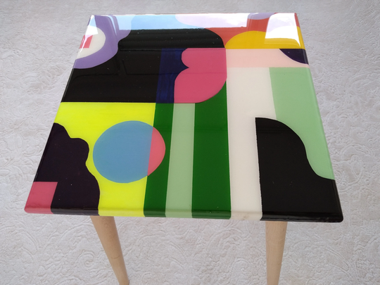 Colorful Wooden Resin Side Coffee Table, Yellow Pink Small Black Green Modern Abstract Epoxy Entryway End Low Sofa Art Bedside Cool Fun Table