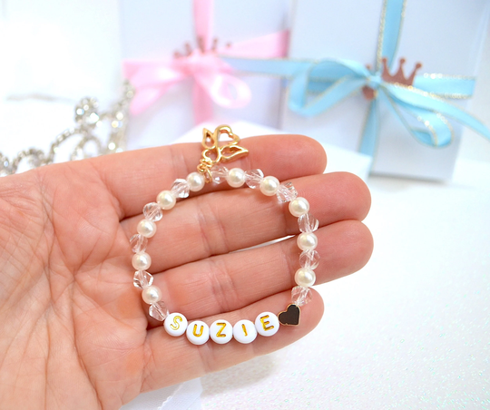 Love, 18K Gold Angel Pearl Baby Bracelet, Girls Bracelet, Heart Crystal Personalized Shower Gift, Baptism, Toddler