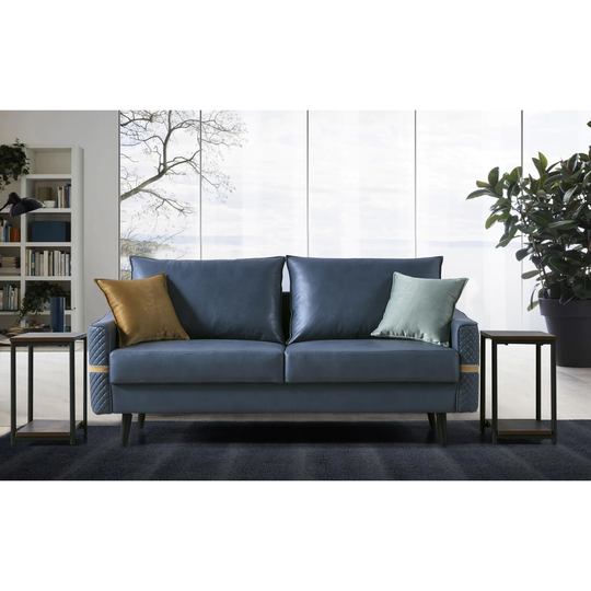 Modern Padded Seat Loveseat High-tech Nano-fabric Imitates Real Leather Sofa Living Room Couch with Metal Legs and 2 Pillows