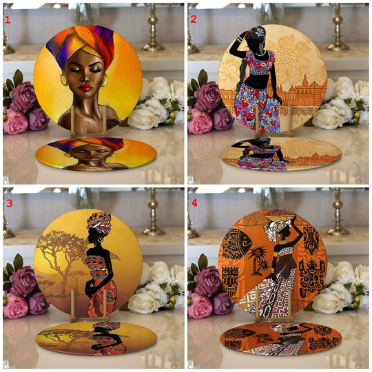 African Woman Placemat, Wooden Table Mat, Supla, Ethnic Round Dining Underplate, Decor | Set Of 2