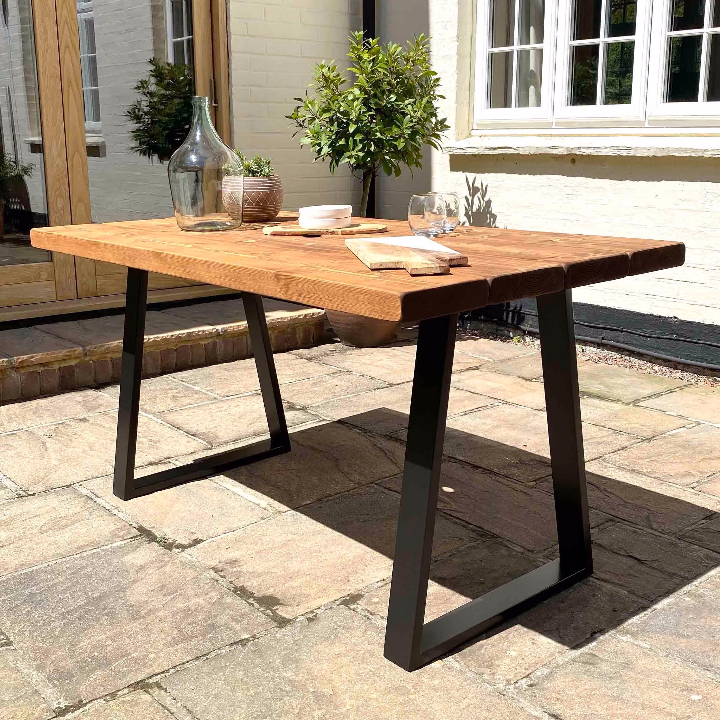 Garden Table Handcrafted Using Rustic Solid Wood | Trapezium Frame Ben Simpson Furniture
