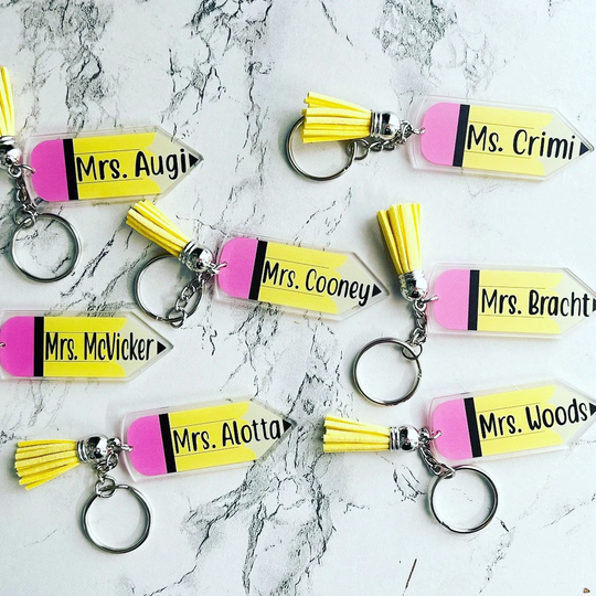 Pencil Keychain Tassle Custom Name Mrs. Mr. Car Keys Chain School Teacher Appreciation 20Oz Personalized Gift Favor Present Back Class