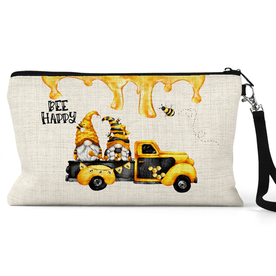 Bee Happy Gnomes On Truck Cosmetic Bag, Cute Makeup Gnome Toiletry Pencil Case, Gift For Teacher, Her, Lover X-Sum009