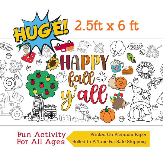 Happy Fall Coloring Banner, Autumn Poster, Paper Tablecloth Or Table Cover, Activity - 30" X 72" Inches