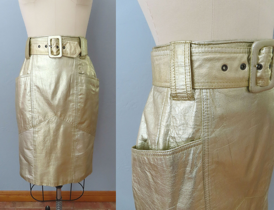Vintage 1970S Gold Leather Pencil Skirt | Size Medium High Waisted 70S 80S