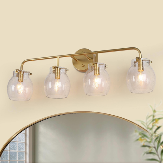 Modern Glam 4-Light Gold Bathroom Vanity Light with Seeded Glass