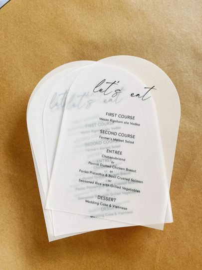 Vellum Arch Wedding Dinner Menu, Modern Minimal Translucent Printed Arched Clear Menus