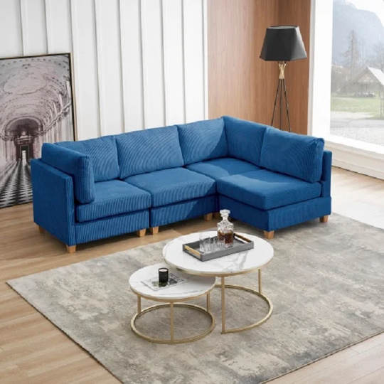 Modern Blue Convertible L Shape Sofa Corduroy Fabric Comfortable Multi-person Combination Living Room Sofa Furniture