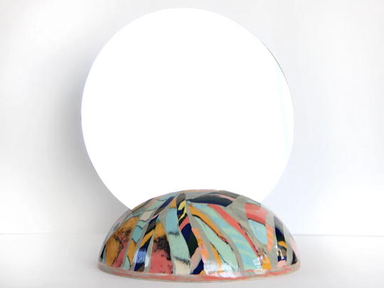 Large Colorful Round Nerikomi Vase, Rainbow Sphere Ceramic Mirror, Abstract Tropical Globe Circular Mirror Vase, Modern Teal Flower Pot Vase