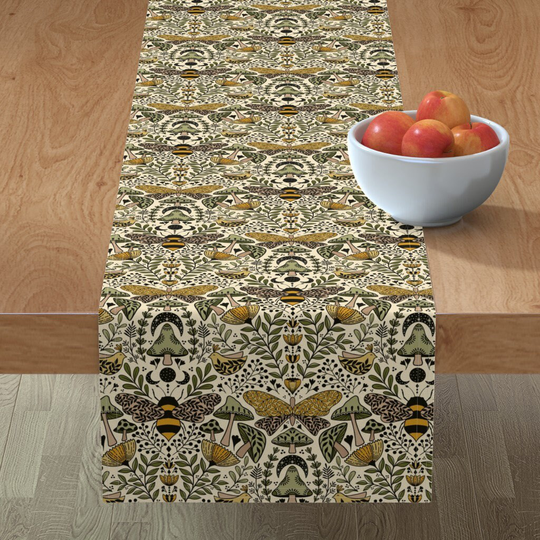 Nouveau Nature Table Runner - Natural Habitat Of Bees & Moths By Ozdebayer Green Yellow Cotton Sateen Spoonflower