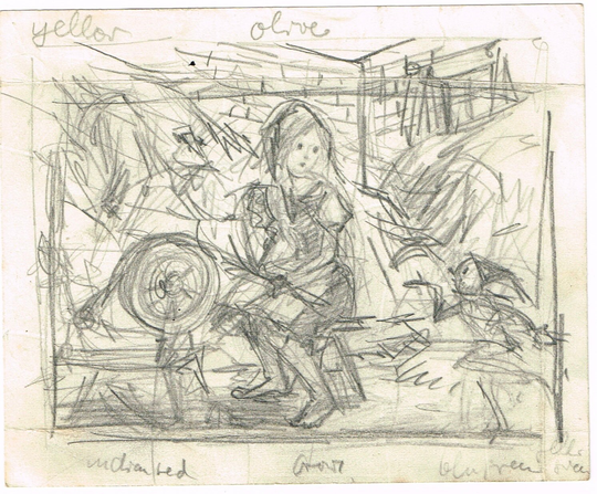 Vintage Original 1970S/80S Pencil Sketch Drawing Picture Of Girl & Puppet - Naive