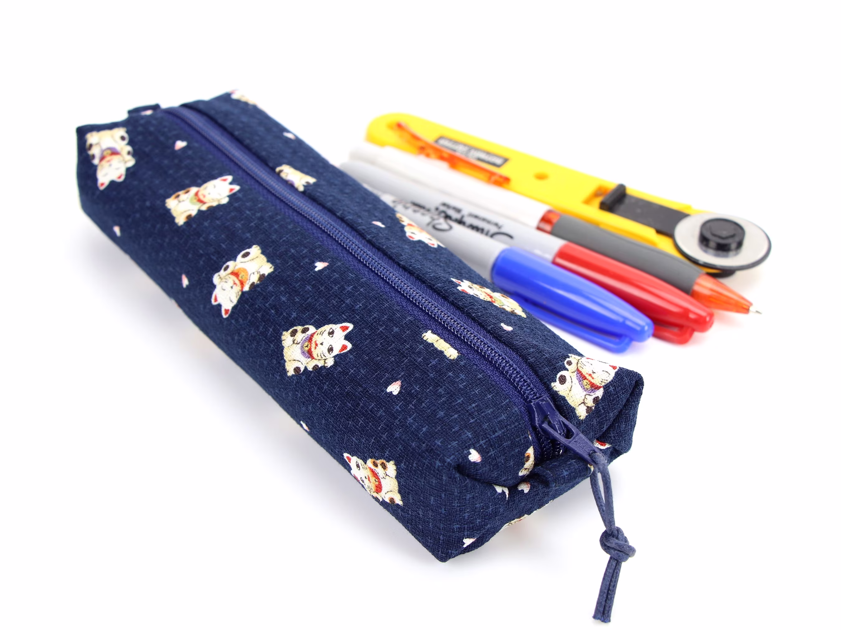 Cute Pencil Case, Kimono Holder, Gift For Her, Cats Navy