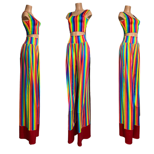 Trouser Style Stilt Pants in Rainbow Stripe With Red Sparkly Jewel Cuffs, & Crop Tank Top - 1579208