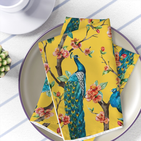 Peacock Table Napkins Vintage Dinner Napkins Set Of 4 Blue Yellow Kitchen Decor Oriental Bird Table Decoration Elegant Fabrics