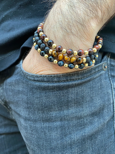 Red Tiger Eye Stone With Gold Ball Bead Bracelet, Men's Accessory, 18K Jewelry