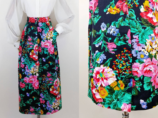 1990S Dark Floral Cotton Twill Skirt | Vintage 90S Black Green Red Denim High Waist Pencil Womens Clothing Medium