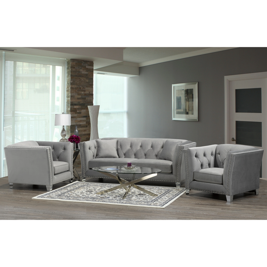 Fiona Modern Grey Velvet Tufted Nailhead Sofa and Two Chairs