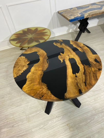 Epoxy Table, Dining Walnut Coffee River Custom 40" Round Wood Black Table Order For Tinabear