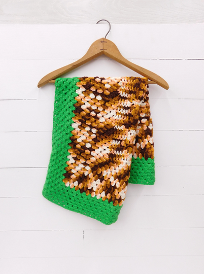 Vintage Knitted Rectangle Table Scarf - Brown Green Border Sofa Boho Decor