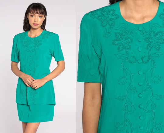 Green Beaded Dress 90S Sheath Soutache Mini Pencil Wiggle Secretary Button Up Vintage Minidress Short Sleeve Medium