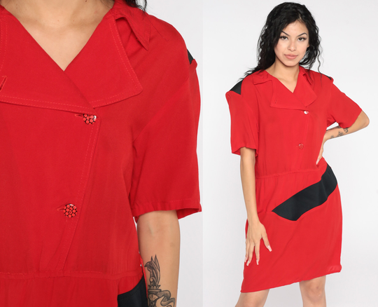 Red Sheath Dress 80S Mini Button Up Vintage Wiggle Pencil V Neck Secretary Short Sleeve Fitted Medium Large