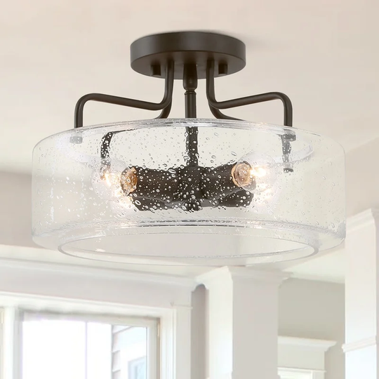 Modern Farmhouse 4-Light Clear Glass Semi-flush Mount Drum Metal Ceiling Lights